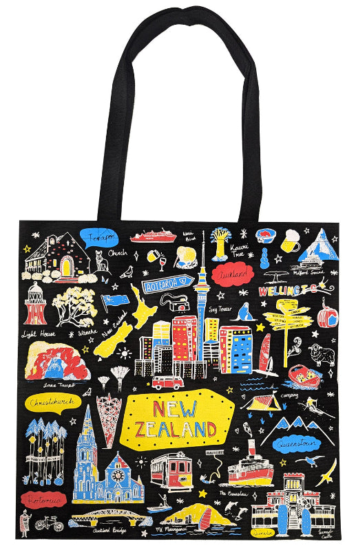 NZ Sketch Cotton Tote Bag - Black