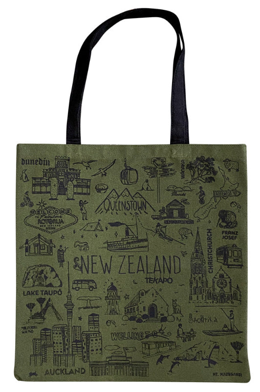 NZ Sketch Green Cotton Tote Bag