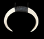A large curved ivory or bone horn pendant with carved spiral patterns, wrapped with a black cord at the top, and suspended against a solid black background.
