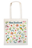 Tote bag with New Zealand-themed design featuring birds and flowers on a white background