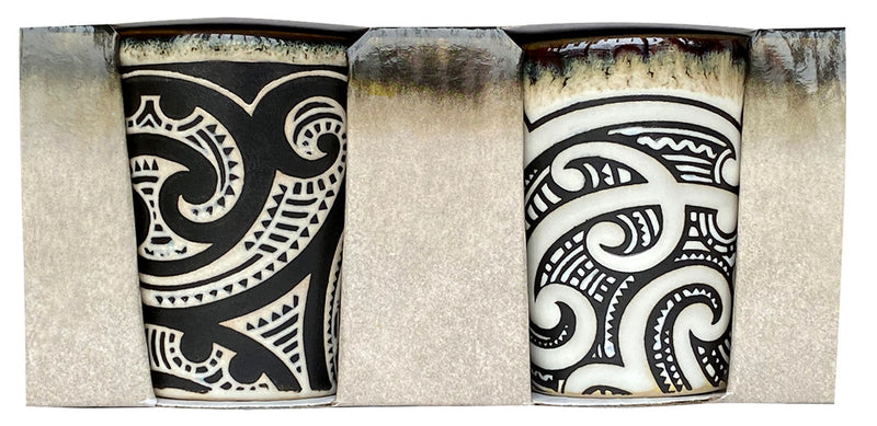 2 Pack Maori Tattoo Design Shot Glass Set - Black And White