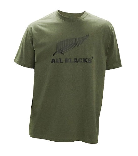 Green t-shirt with 'All Blacks' logo on a white background