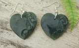 NZ Greenstone Heart With Koru Carving Earrings #30E