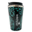 Black travel mug with teal patterns and 'Wild Kiwi' branding on a white background
