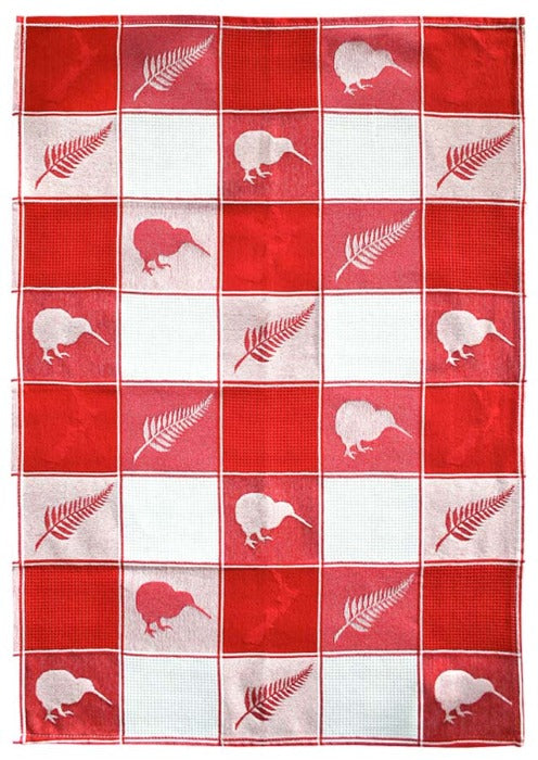 Kiwi And Fern Waffle Weave Tea Towel - Red