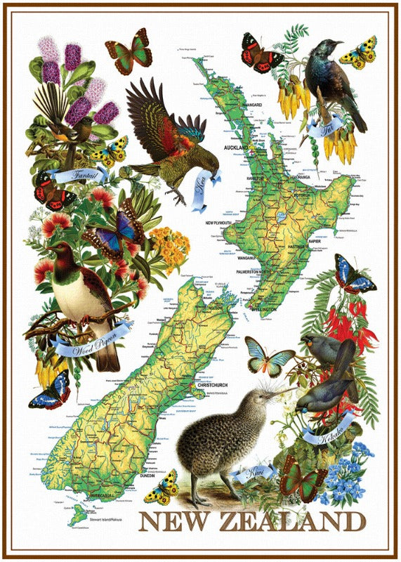 Designer Tea Towel - NZ Birds And Map