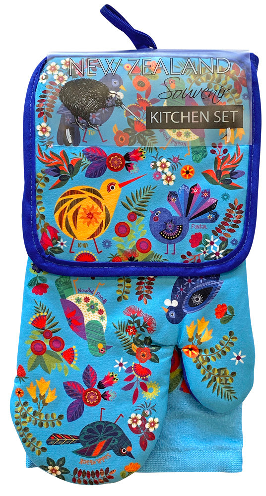 3 Pack Kitchen Set - Retro Birds - Turquoise