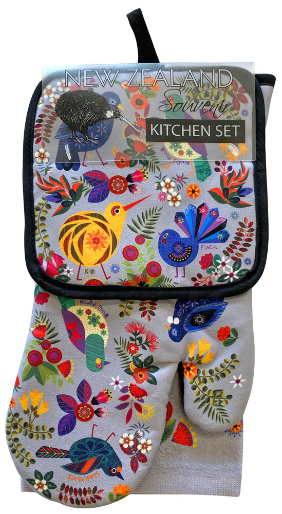 3 Pack Kitchen Set - Retro Birds - Grey