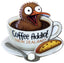 Magnet cartoon kiwi bird in a coffee cup with 'Coffee Addict New Zealand' text on a white background