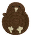 A brown crocheted bird-shaped item, coaster featuring cream-colored accents for the beak and feet, and small black bead eyes, shown on a plain white background.