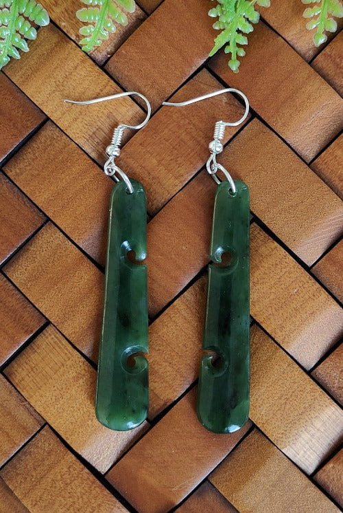 NZ Greenstone Drop Koru Earrings 53mm #59