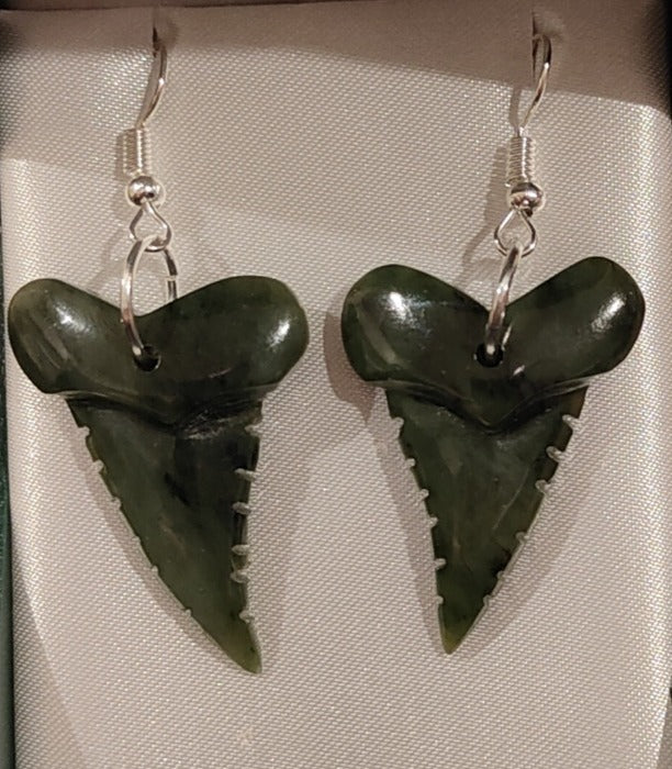 NZ Greenstone Shark Tooth Earrings 33mm #80