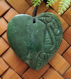 NZ Greenstone Large Heart Pendant With Carving 60mm #67B