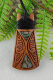 Toki Wood And Paua Carving Pendant 50mm #72