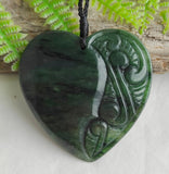 NZ Greenstone Large Heart Pendant With Carving 60mm #67A