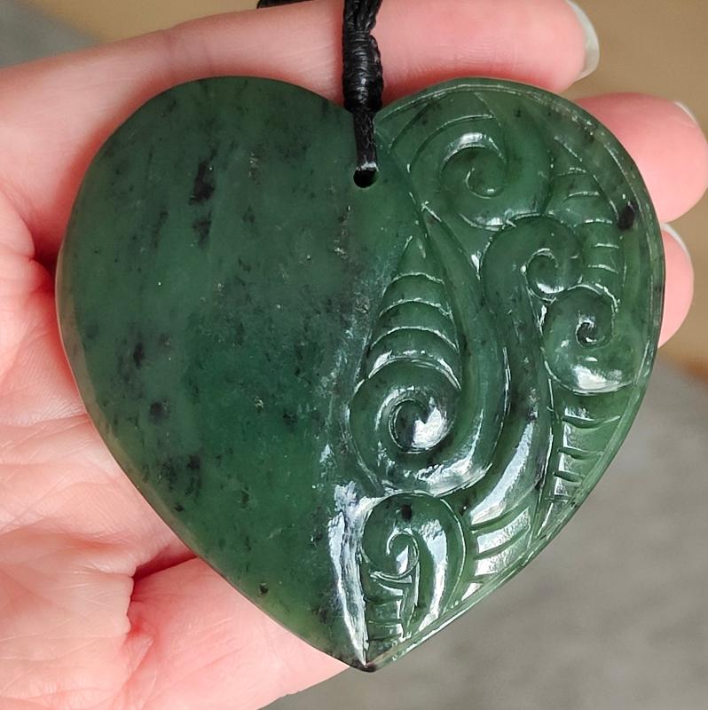 NZ Greenstone Large Heart Pendant With Carving 60mm #67