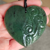 NZ Greenstone Large Heart Pendant With Carving 60mm #67