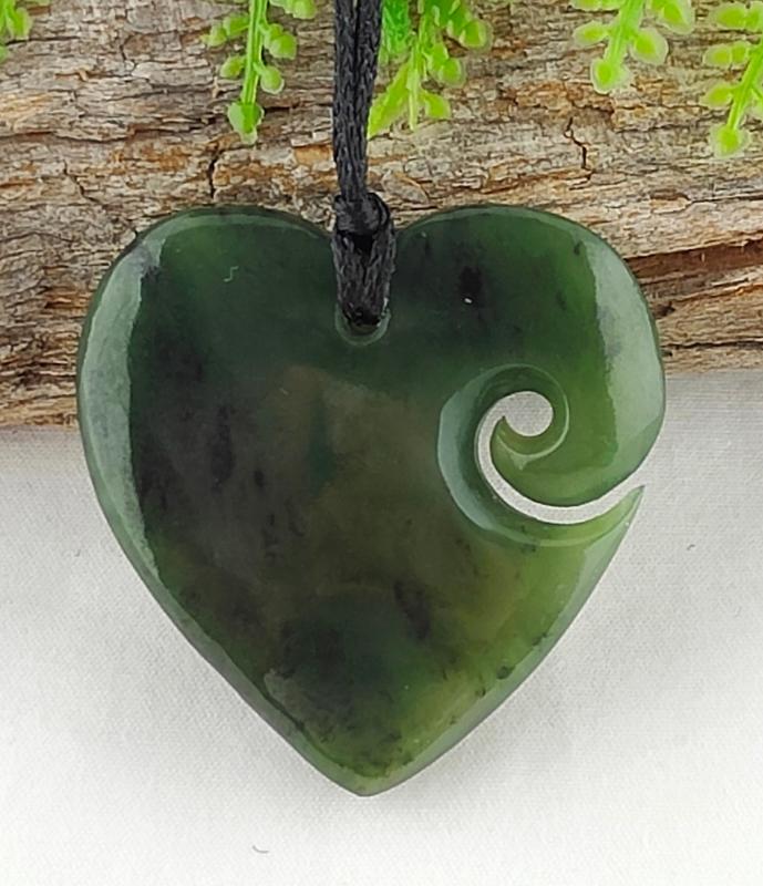 NZ Greenstone Heart With Koru - 41mm #17