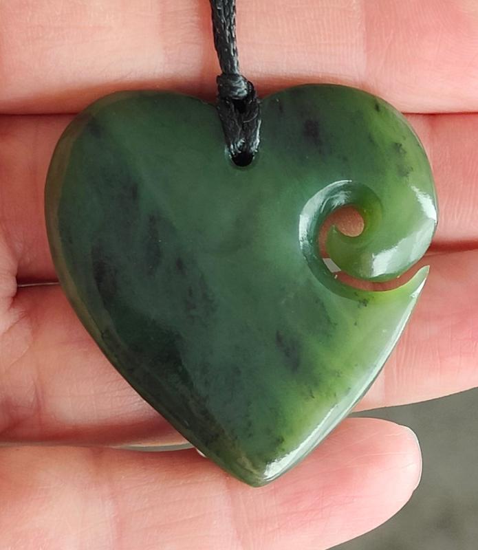 NZ Greenstone Heart With Koru - 41mm #17