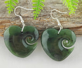 NZ Greenstone Heart With Koru Carving Earrings #68