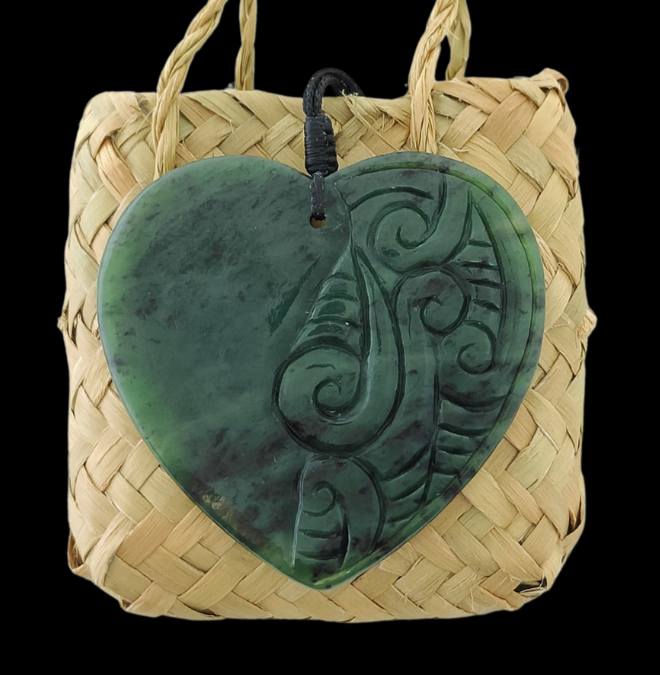 NZ Greenstone Large Heart Pendant With Carving 60mm #67
