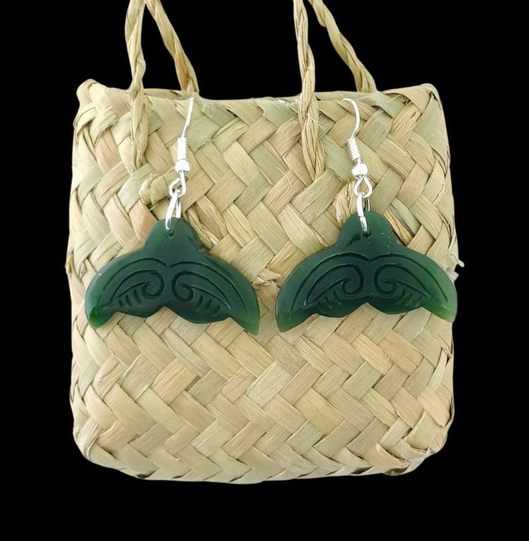 NZ Greenstone Whale Tail Earrings 23mm #34