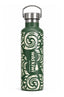 A dark green insulated water bottle with a white Polynesian tribal pattern and the text 'Wild Kiwi New Zealand' printed on the front, featuring a stainless steel loop cap on a white background.
