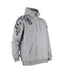 Grey hoodie with black tribal design on sleeve against a white background