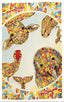 A printed tea towel featuring colorful New Zealand animal illustrations, including a kiwi, rabbit, duck, and seal, arranged inside a circular frame with a multicolored abstract border. The words "New Zealand" appear in red near the top and bottom.