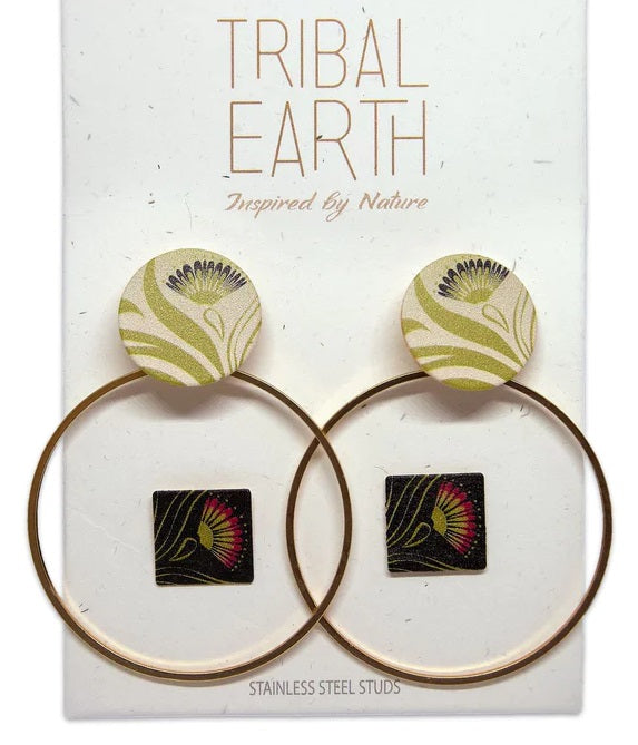 Tribal Earth Hoop Earrings With Ear Studs 2 Set - Pohutukawa
