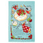 A rectangular kitchen towel with a light blue background, featuring a colorful hand-drawn illustration of a strawberry dessert with ingredients, a recipe, and decorative text.
