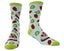 A pair of crew socks with a light mint green base, featuring a repeating pattern of red strawberries, green kiwi slices, and red-and-white strawberry cake slices, with lime green heels, toes, and cuffs.