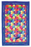 A rectangular tea towel featuring a colorful pattern of cartoon kiwi birds in shades of yellow, blue, green, pink, and orange on a dark blue background, with 'Rainbow kiwis * New Zealand' printed along the borders.