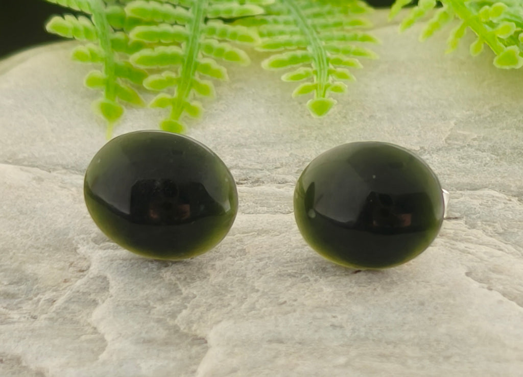 NZ Greenstone Large Oval Stud Earrings - 11-12mm