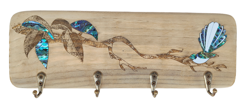 NZ Made Wood & Paua Keyholder - Fantail
