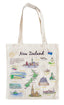 An off-white canvas tote bag featuring a colorful illustrated map of New Zealand with various landmarks, text, and the New Zealand flag.