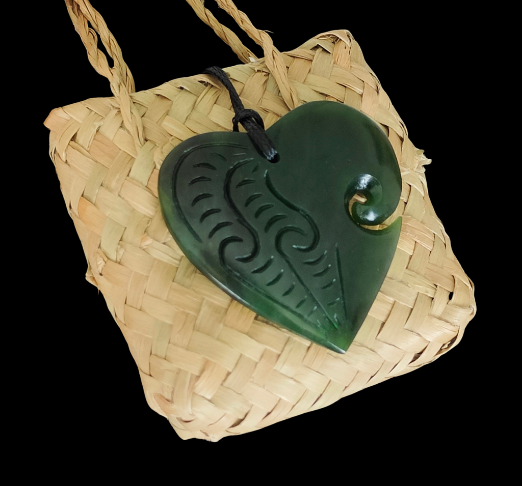 NZ Greenstone Medium Heart With Koru - 50mm #21