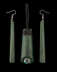 Greenstone jewelry set featuring a central pendant and two matching drop earrings on a solid black background. The central pendant is a tapered greenstone piece with a dark braided cord wrap and a small iridescent shell inlay near the bottom.