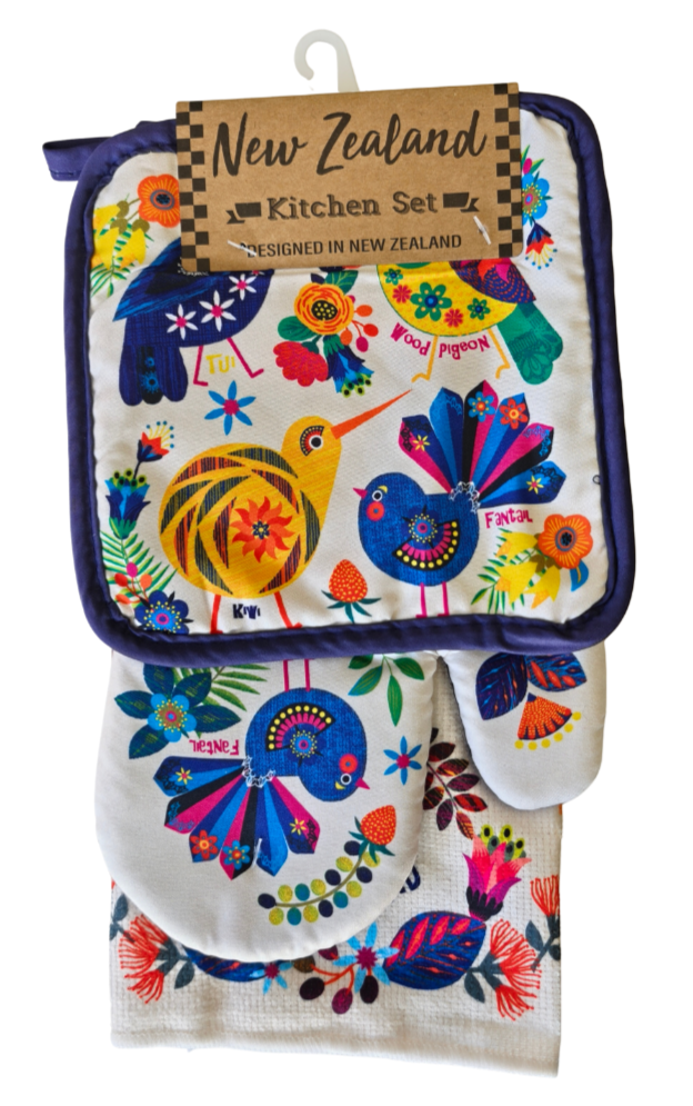 3 Pack Kitchen Set - Retro Birds Purple Boarder