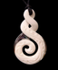 A carved white Maori-style pendant with a spiral motif and black cord, shown against a solid black background.