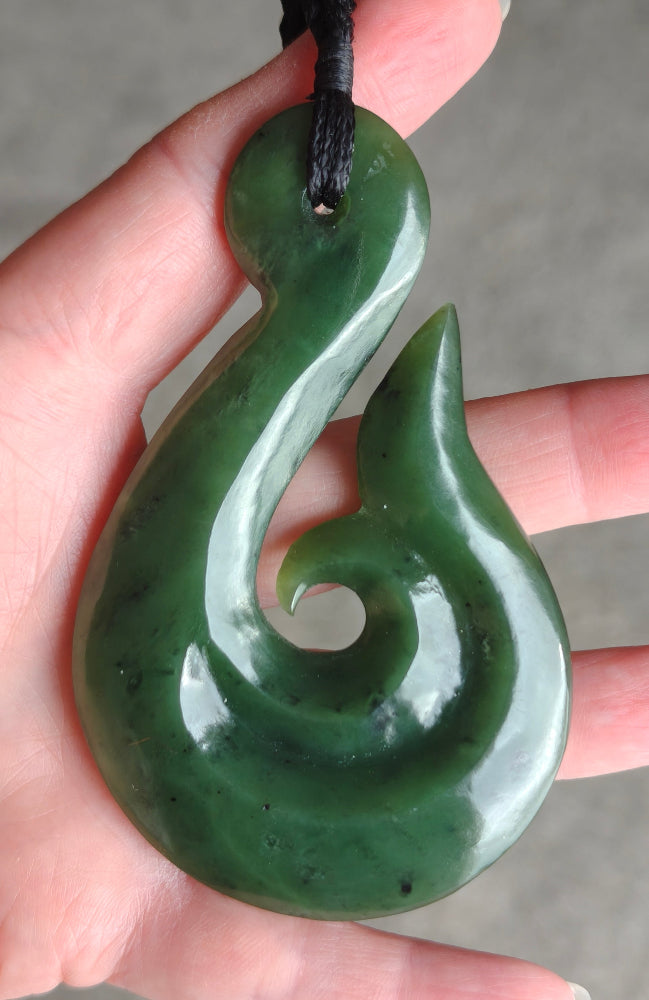NZ Greenstone Large Matau Hook Carving 90mm #93