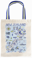 A canvas tote bag featuring a blue and yellow illustrated map of New Zealand with the text 'NEW ZEALAND' printed across the top. The bag has a natural off-white body and blue straps with yellow stripes.