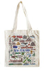 An off-white canvas tote bag featuring a colorful illustrated graphic of New Zealand landmarks, animals, and the text 'NEW ZEALAND' in blue, shown against a plain white background.