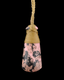 A conical pink stone pendant with black and brown marbled patterns, wrapped at the top with tan cord and suspended by a matching tan rope against a solid black background.