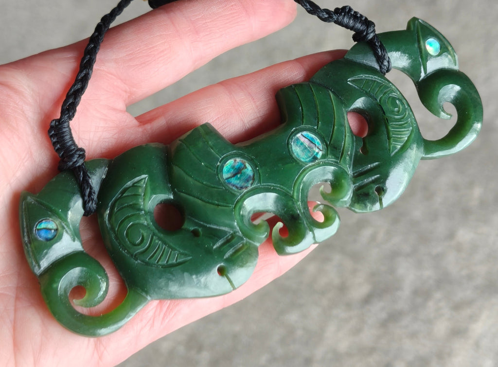 NZ Greenstone Double Manaia Breast Plate 128mm #01-A