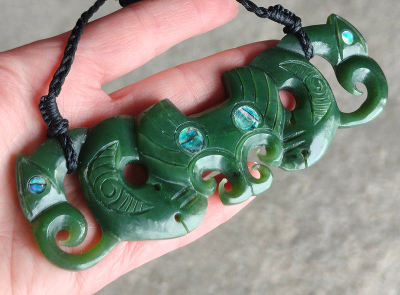 NZ Greenstone Double Manaia Breast Plate 128mm #01-A