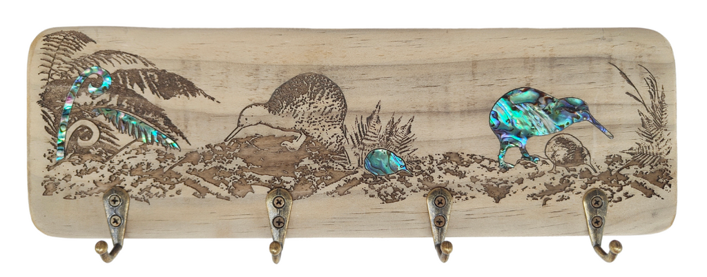 NZ Made Wood & Paua Keyholder - Kiwi And Fern