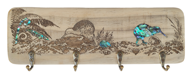 NZ Made Wood & Paua Keyholder - Kiwi And Fern