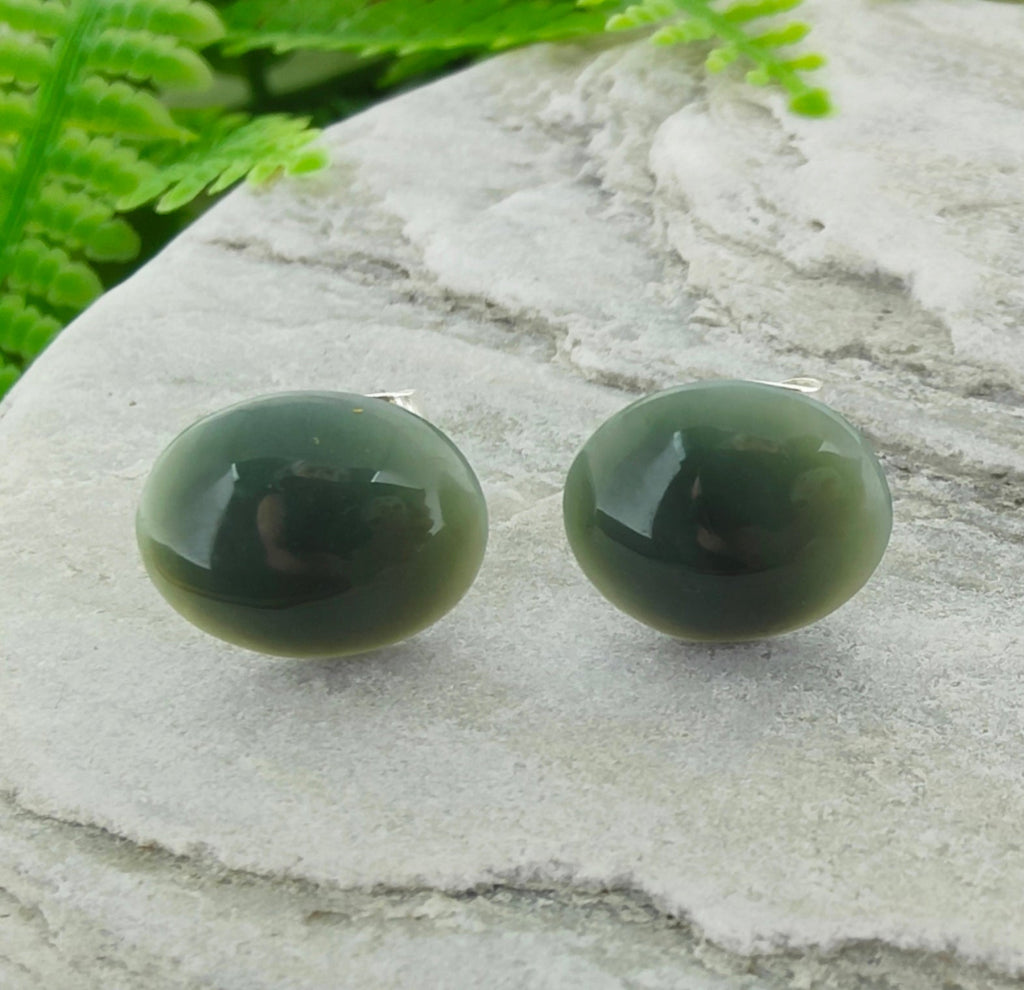 NZ Greenstone Large Oval Stud Earrings - 11-12mm