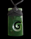 Green jade pendant with a spiral design on a black cord against a white background